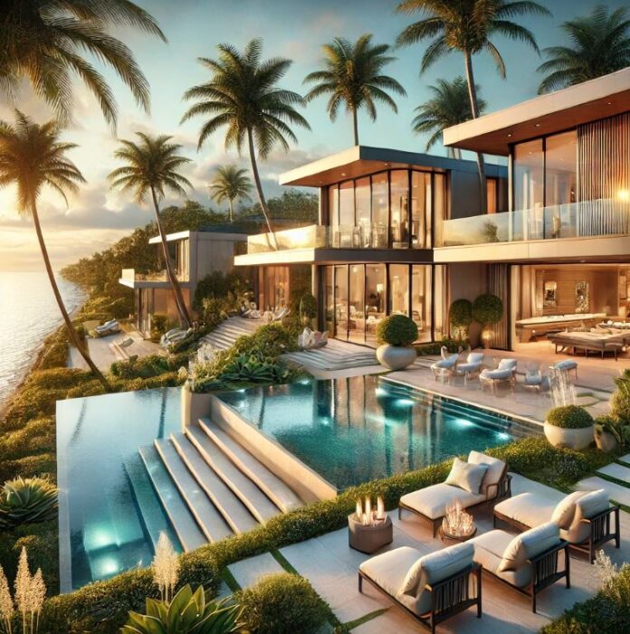 Stunning waterfront mansion in South Florida with infinity pool, private marina, and tropical sunset.