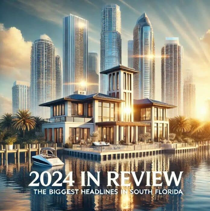 Luxurious waterfront property with modern high-rise buildings in South Florida, reflecting sunlight on serene water, highlighting the 2024 real estate market trends and headlines.