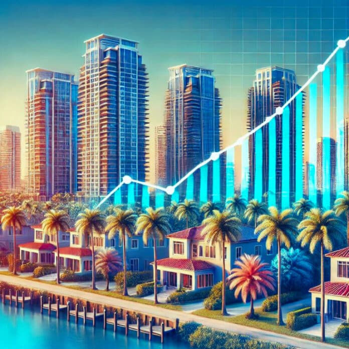 Modern depiction of South Florida's real estate market featuring high-rise condos, luxury homes, palm trees, and a subtle graph symbolizing housing market trends.