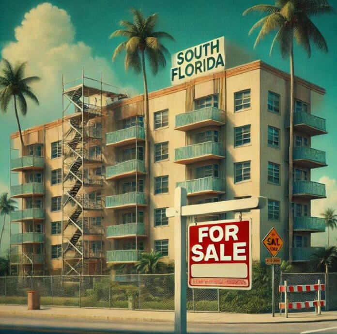 A South Florida condominium with a 'For Sale' sign in front, showing an aged building with visible wear, palm trees, and a sunny sky in the background. Represents new condo laws forcing sales.